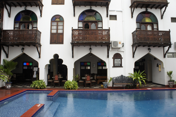 Pool and inner court of Dhow Palace Hotel